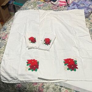 Cecil Saydah Holiday Towel Set with Red Floral Embroidery